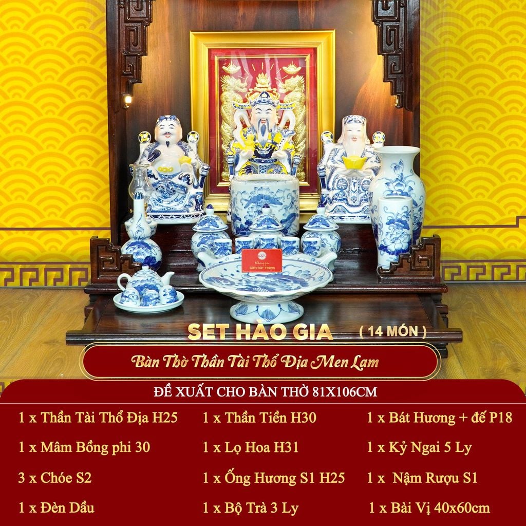 [Set Hào Gia] Bộ Đồ Thờ Thần Tài Thổ Địa Men Lam (14 món)