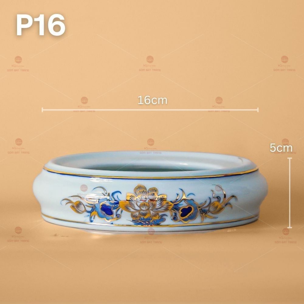 Đế Bát Hương Thờ Men Lam Vẽ Vàng Họa Tiết Hoa Sen