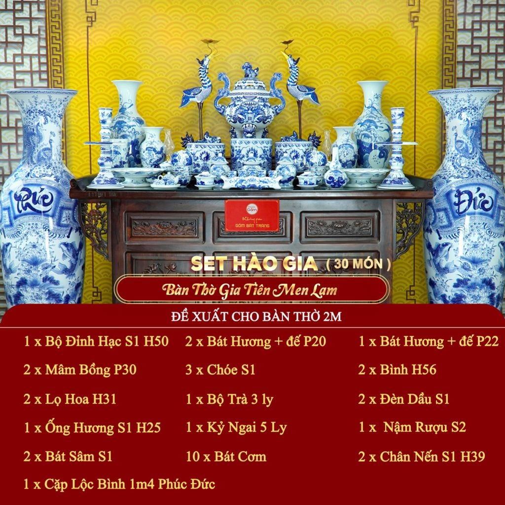 [Set Hào Gia] Bộ Đồ Thờ Gia Tiên Men Lam (34 món)