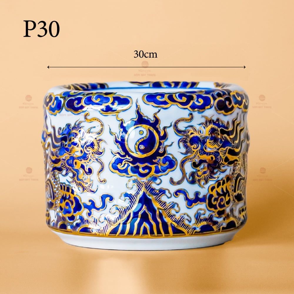 Bát Hương Song Long Chầu Nguyệt Men Lam Nổi Vẽ Vàng Kim