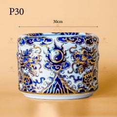 Bát Hương Song Long Chầu Nguyệt Men Lam Nổi Vẽ Vàng Kim
