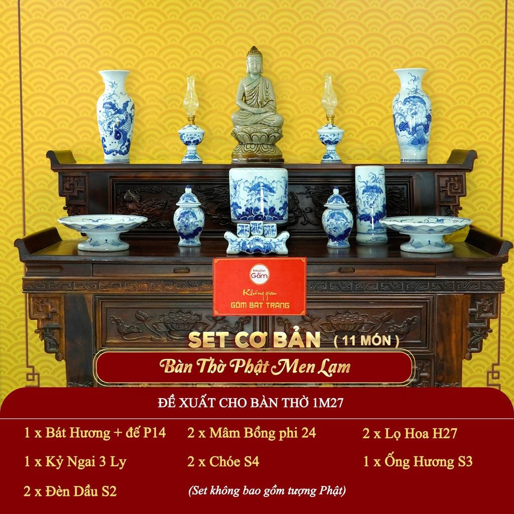 [Set Cơ Bản] Bộ Đồ Thờ Phật Men Lam (11 món)