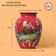 Lọ Hoa Cổ Cao Men Đỏ Hoa Sen Vẽ Vàng