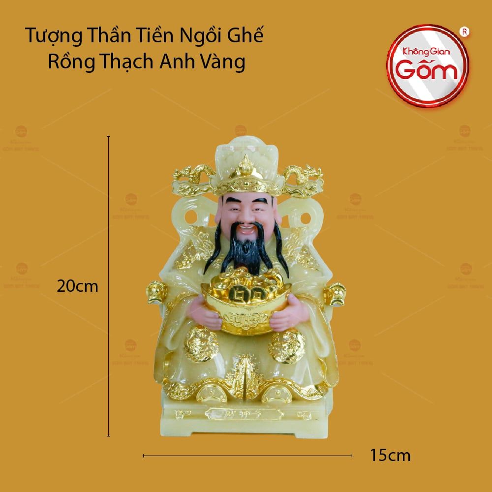 Tượng Thần Tiền Ngồi Ghế Rồng Thạch Anh Vàng
