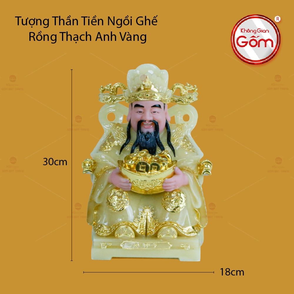 Tượng Thần Tiền Ngồi Ghế Rồng Thạch Anh Vàng