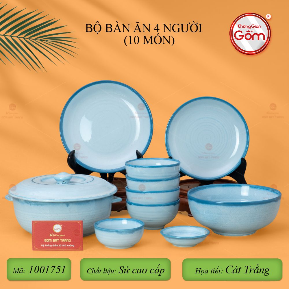 Bộ Bát Đĩa Bát Tràng Men Biển Xanh Cát Trắng