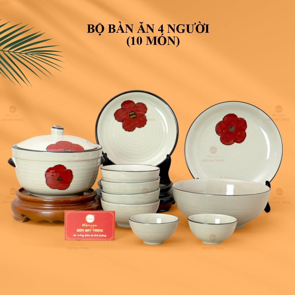 Bộ Bàn Ăn 4 Người (10 món) Men Hoả Biến Hoa Sứ Đỏ