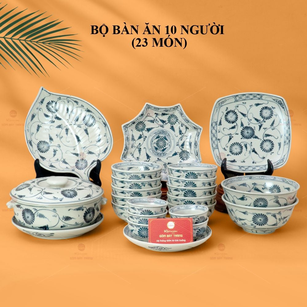 Bộ Bàn Ăn 10 Người (23 món) Men Rạn Vẽ Cúc Đen