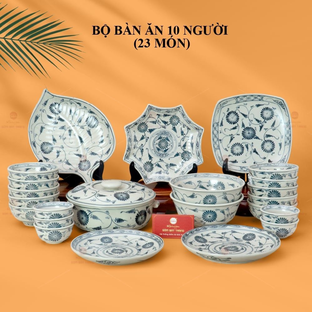 Bộ Bàn Ăn 10 Người (23 món) Men Rạn Vẽ Cúc Đen
