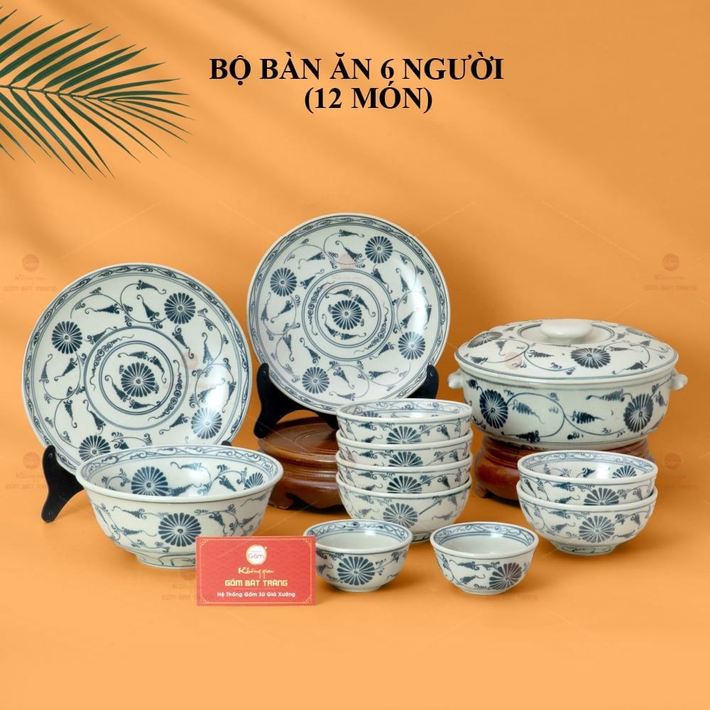 Bộ Bàn Ăn 6 Người (12 món) Men Rạn Vẽ Cúc Đen