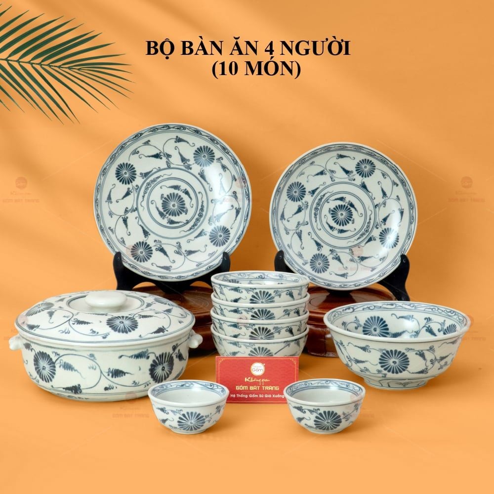 Bộ Bàn Ăn 4 Người (10 món) Men Rạn Vẽ Cúc Đen