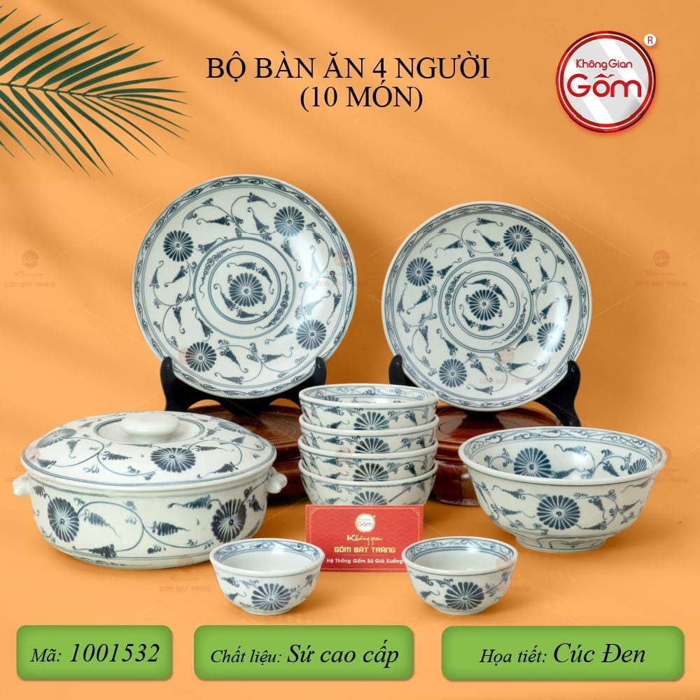 Bộ Bàn Ăn 4 Người (10 món) Men Rạn Vẽ Cúc Đen