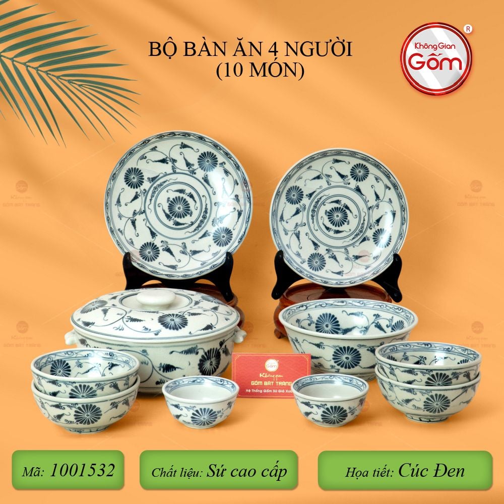 Bộ Bàn Ăn 4 Người (10 món) Men Rạn Vẽ Cúc Đen