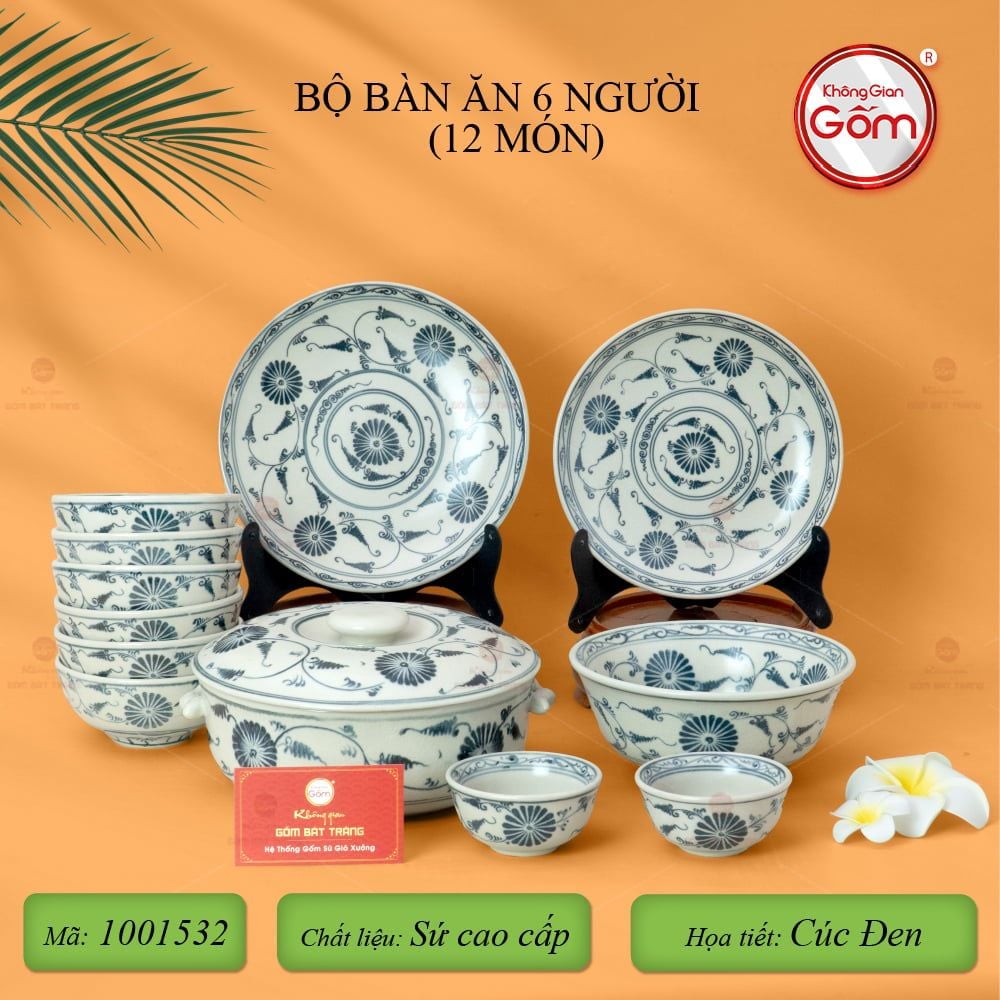 Bộ Bàn Ăn 6 Người (12 món) Men Rạn Vẽ Cúc Đen