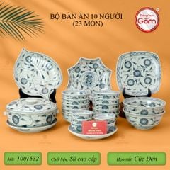 Bộ Bàn Ăn 10 Người (23 món) Men Rạn Vẽ Cúc Đen