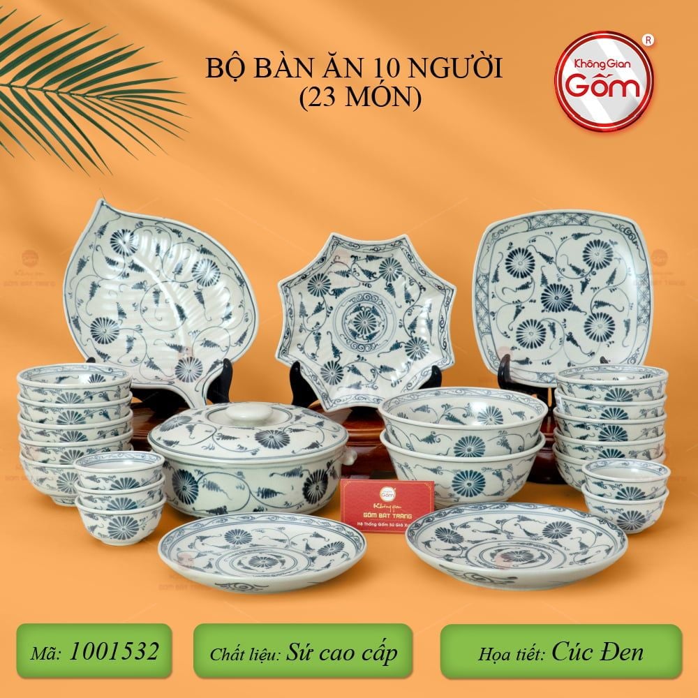 Bộ Bàn Ăn 10 Người (23 món) Men Rạn Vẽ Cúc Đen