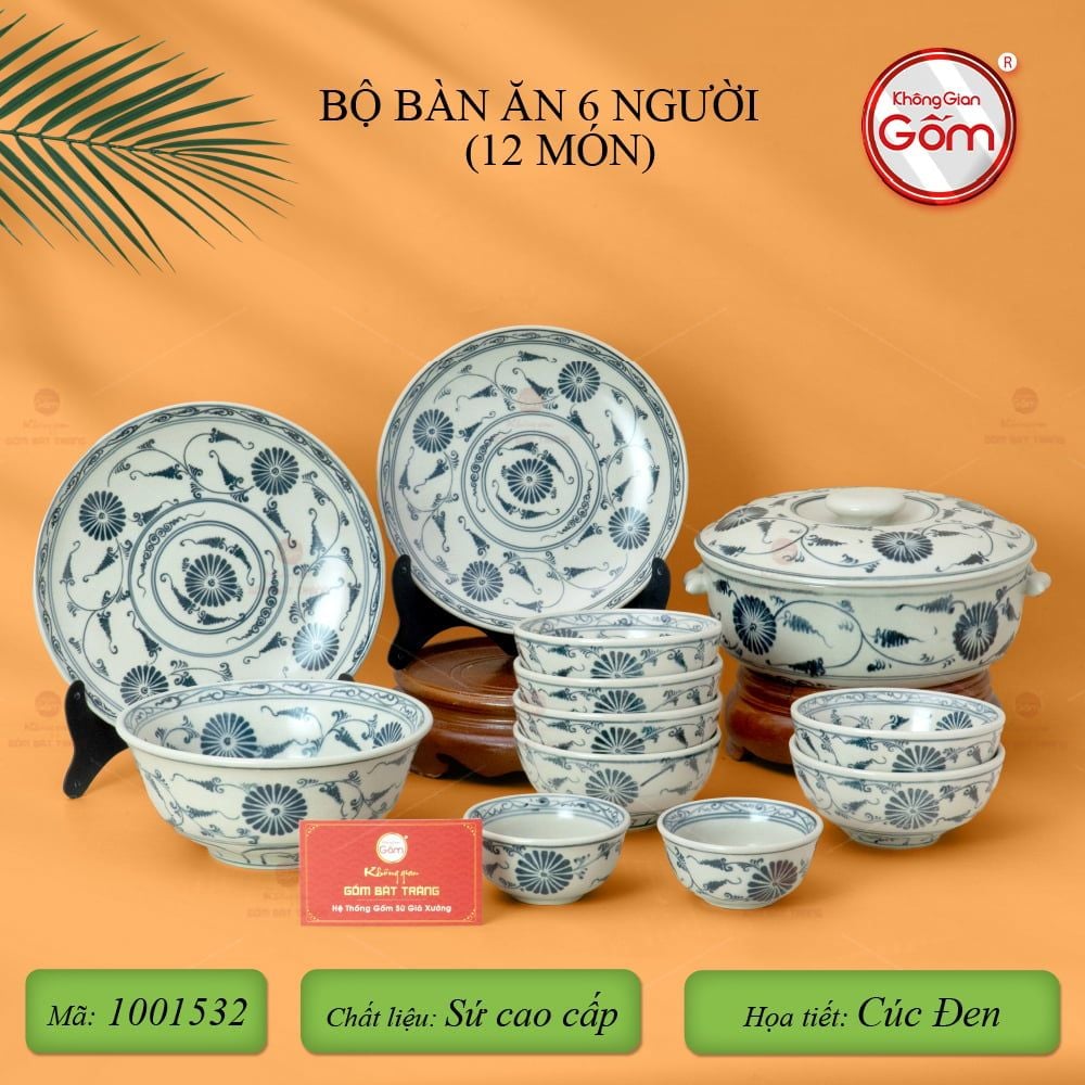 Bộ Bàn Ăn 6 Người (12 món) Men Rạn Vẽ Cúc Đen