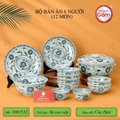 Bộ Bàn Ăn 6 Người (12 món) Men Rạn Vẽ Cúc Đen