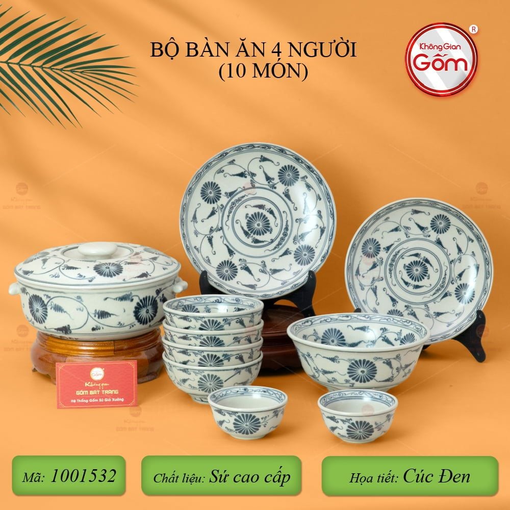 Bộ Bàn Ăn 4 Người (10 món) Men Rạn Vẽ Cúc Đen