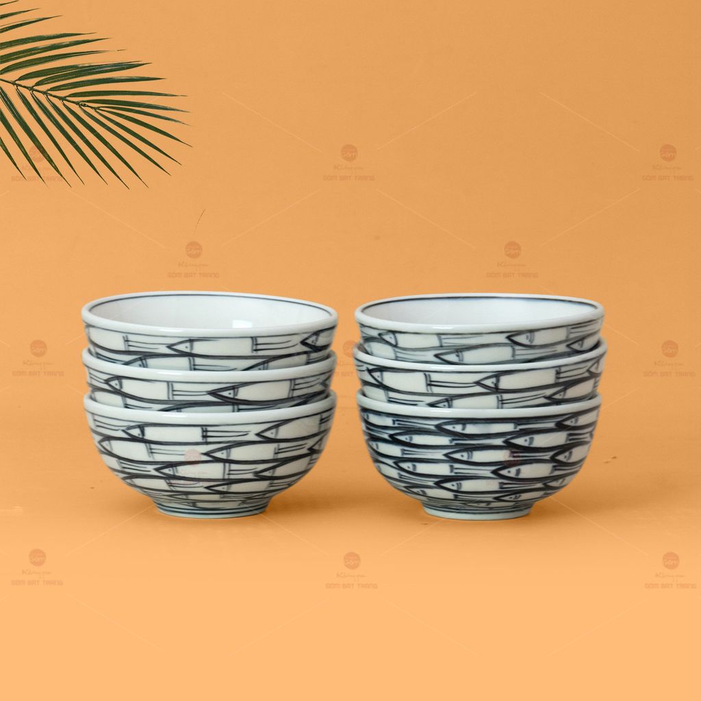 Bộ Bát Cơm Men Trắng Vẽ Cá Đàn