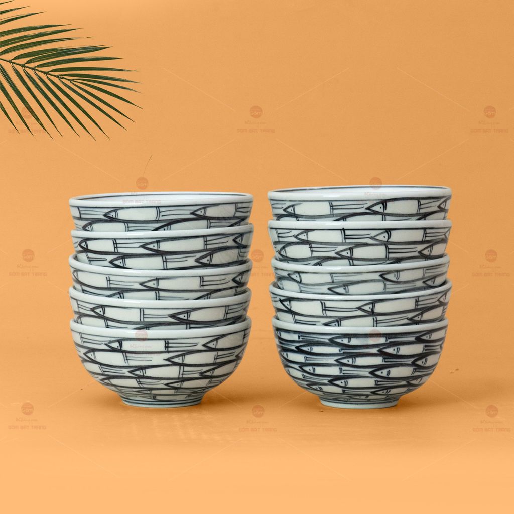Bộ Bát Cơm Men Trắng Vẽ Cá Đàn