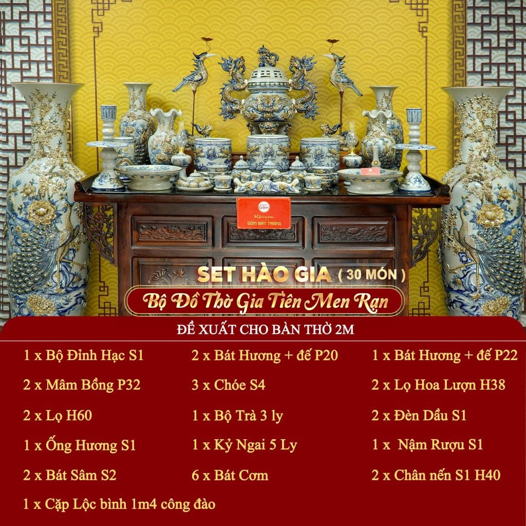 [Set Hào Gia] Bộ Đồ Thờ Gia Tiên Men Rạn (30 món)