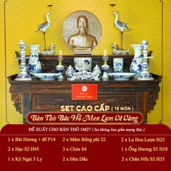 [Set Cao Cấp] Bộ Đồ Thờ Bác Hồ Men Lam Vẽ Vàng (16 món)