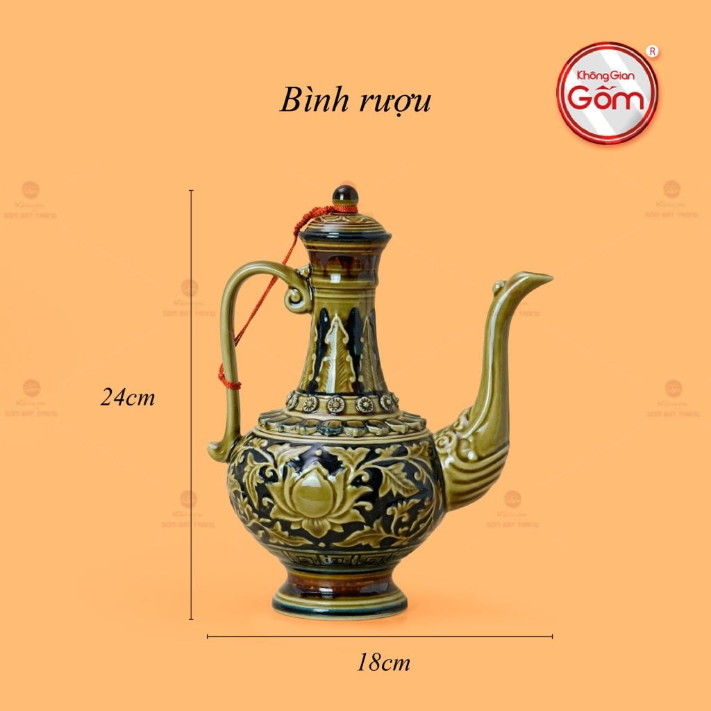 Bộ Bình Rượu Khắc Nổi Hoa Sen Nền Đen