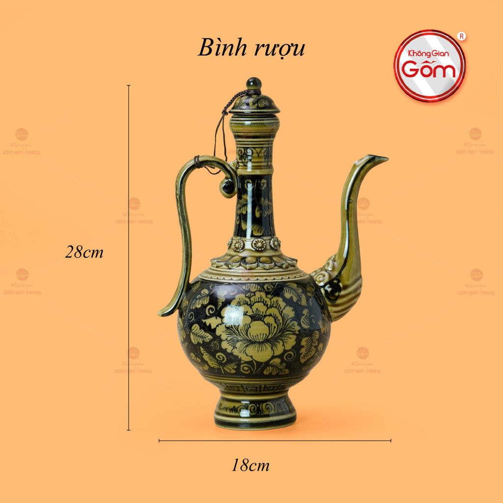 Bộ Bình Rượu Vẽ Tay Hoa Phù Dung Nền Đen