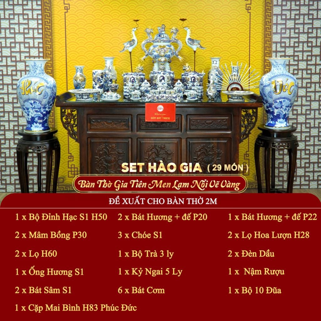 [Set Hào Gia] Bộ Đồ Thờ Gia Tiên Men Lam Nổi Vẽ Vàng (29 món)