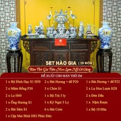 [Set Hào Gia] Bộ Đồ Thờ Gia Tiên Men Lam Nổi Vẽ Vàng (29 món)