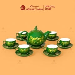 Bộ Trà Men Lục Ngọn Lửa Hoa Sen Vẽ Vàng