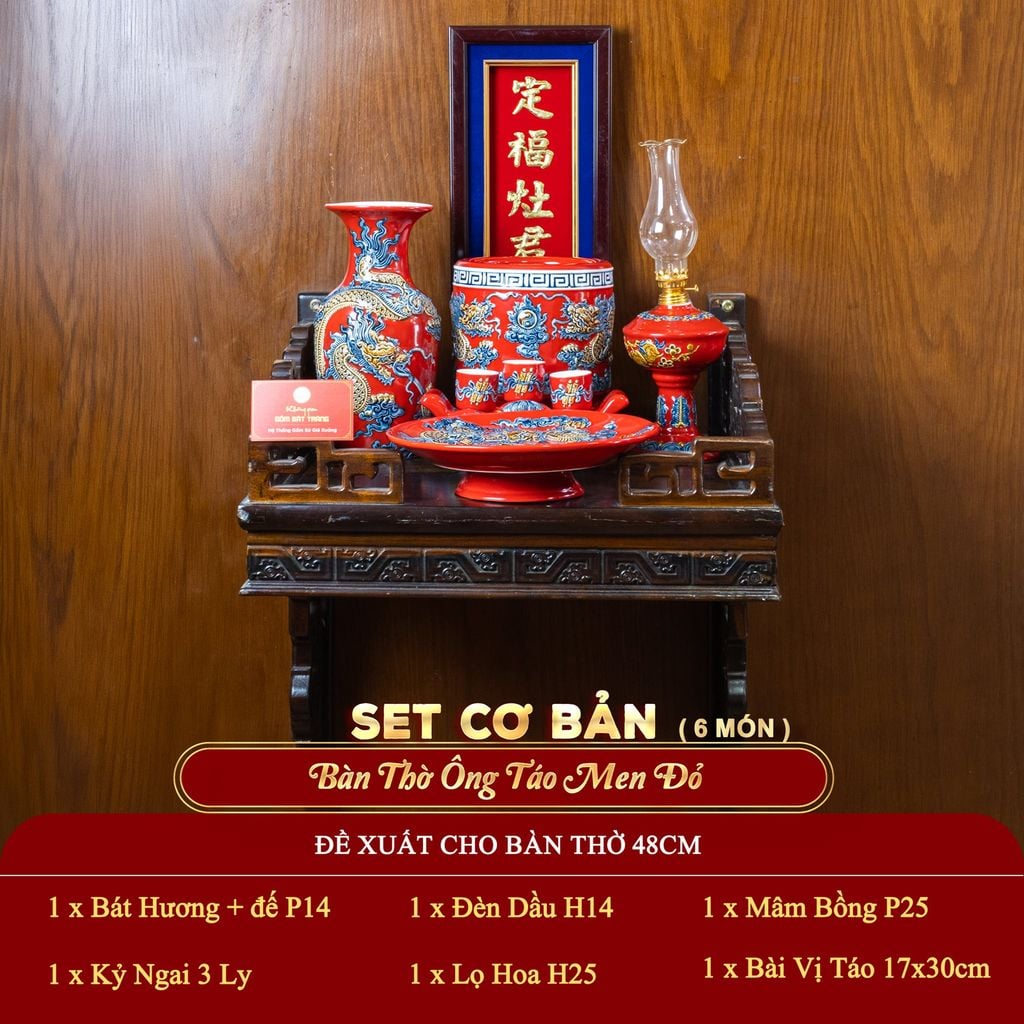 [Set Cơ Bản] Bộ Đồ Thờ Ông Táo Men Đỏ (6 món)