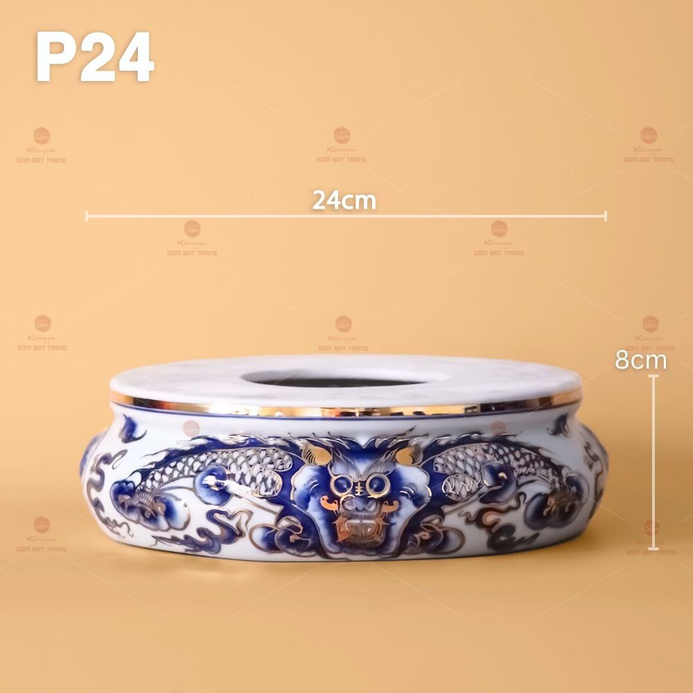 Đế Đỉnh Hương Men Lam Vẽ Vàng Họa Tiết Thanh Long