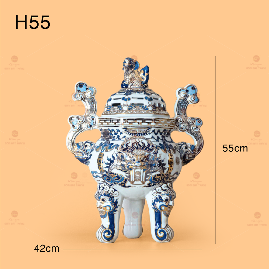 Đỉnh Hương Thờ Men Lam Vẽ Vàng Kim