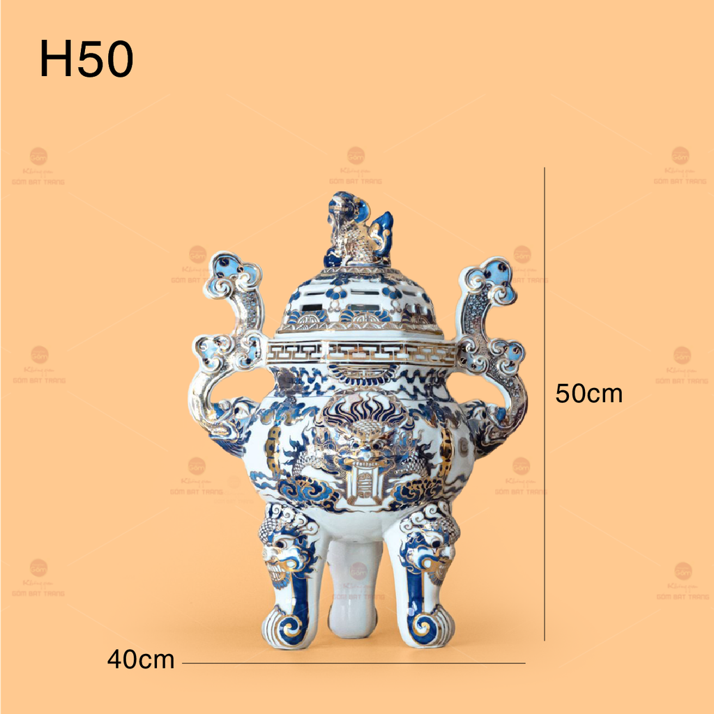 Đỉnh Hương Thờ Men Lam Vẽ Vàng Kim