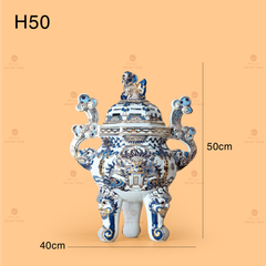 Đỉnh Hương Thờ Men Lam Vẽ Vàng Kim