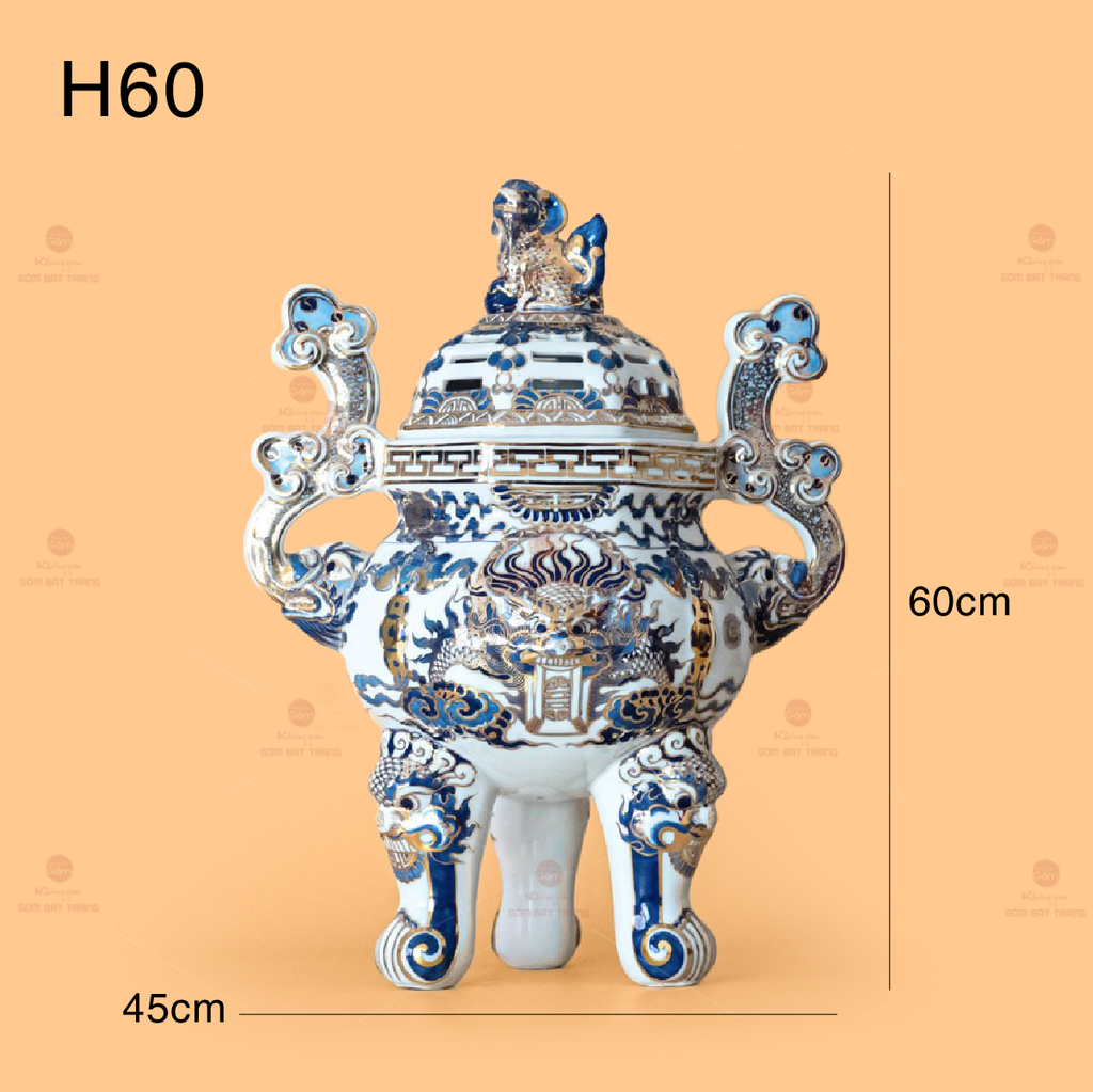 Đỉnh Hương Thờ Men Lam Vẽ Vàng Kim