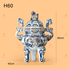 Đỉnh Hương Thờ Men Lam Vẽ Vàng Kim