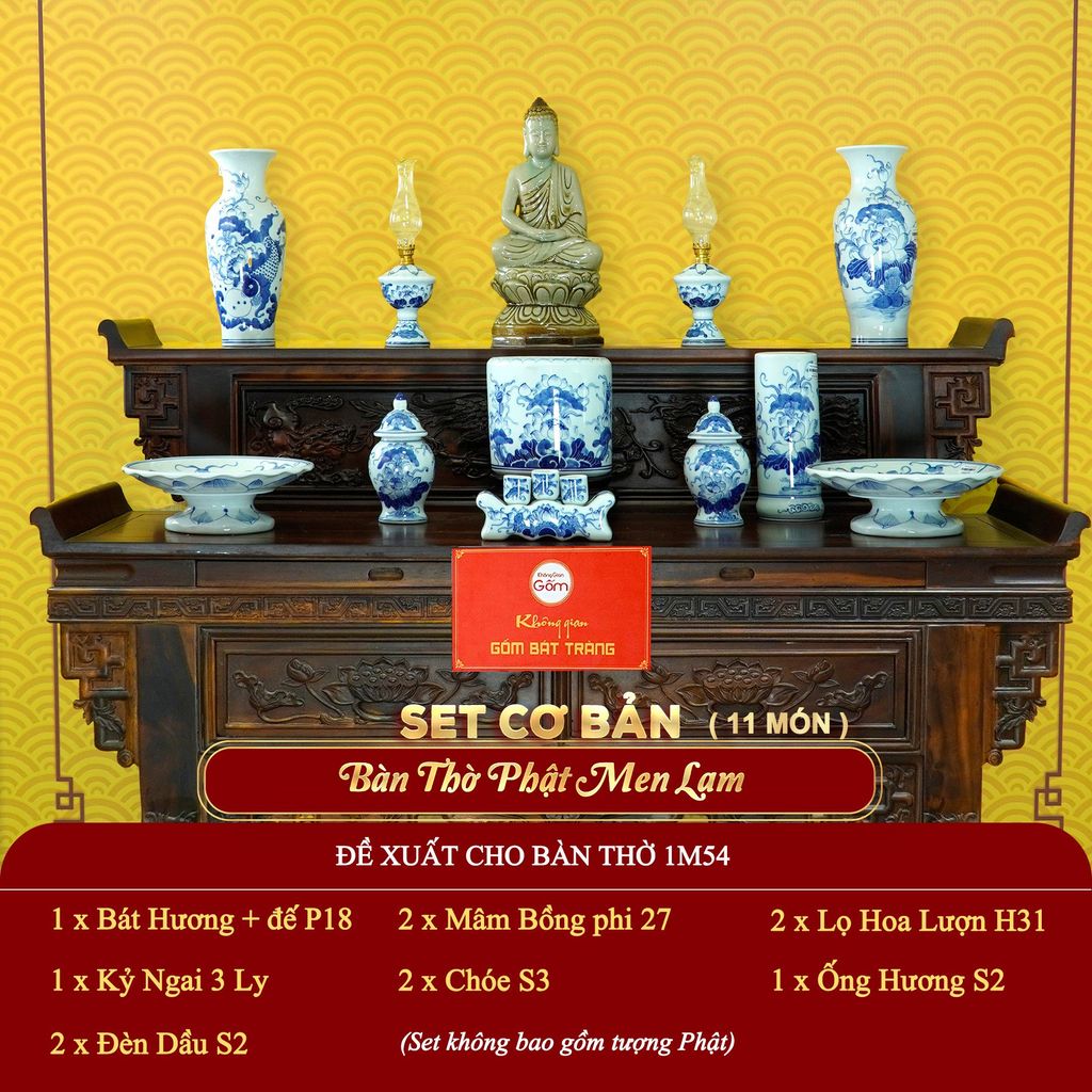 [Set Cơ Bản] Bộ Đồ Thờ Phật Men Lam (11 món)
