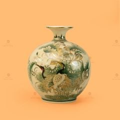 Quả Hút Lộc Men Màu Hoa Sen Chim Hạc Vẽ Vàng