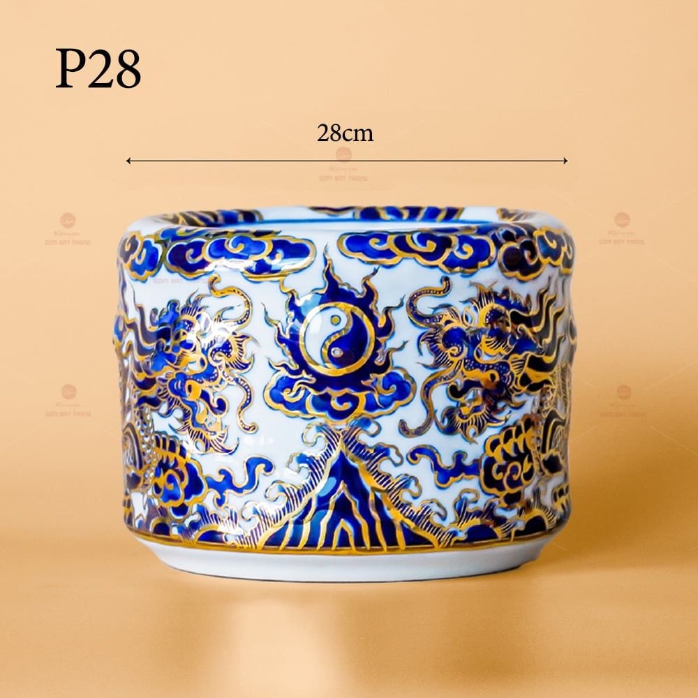 Bát Hương Song Long Chầu Nguyệt Men Lam Nổi Vẽ Vàng Kim