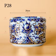 Bát Hương Song Long Chầu Nguyệt Men Lam Nổi Vẽ Vàng Kim