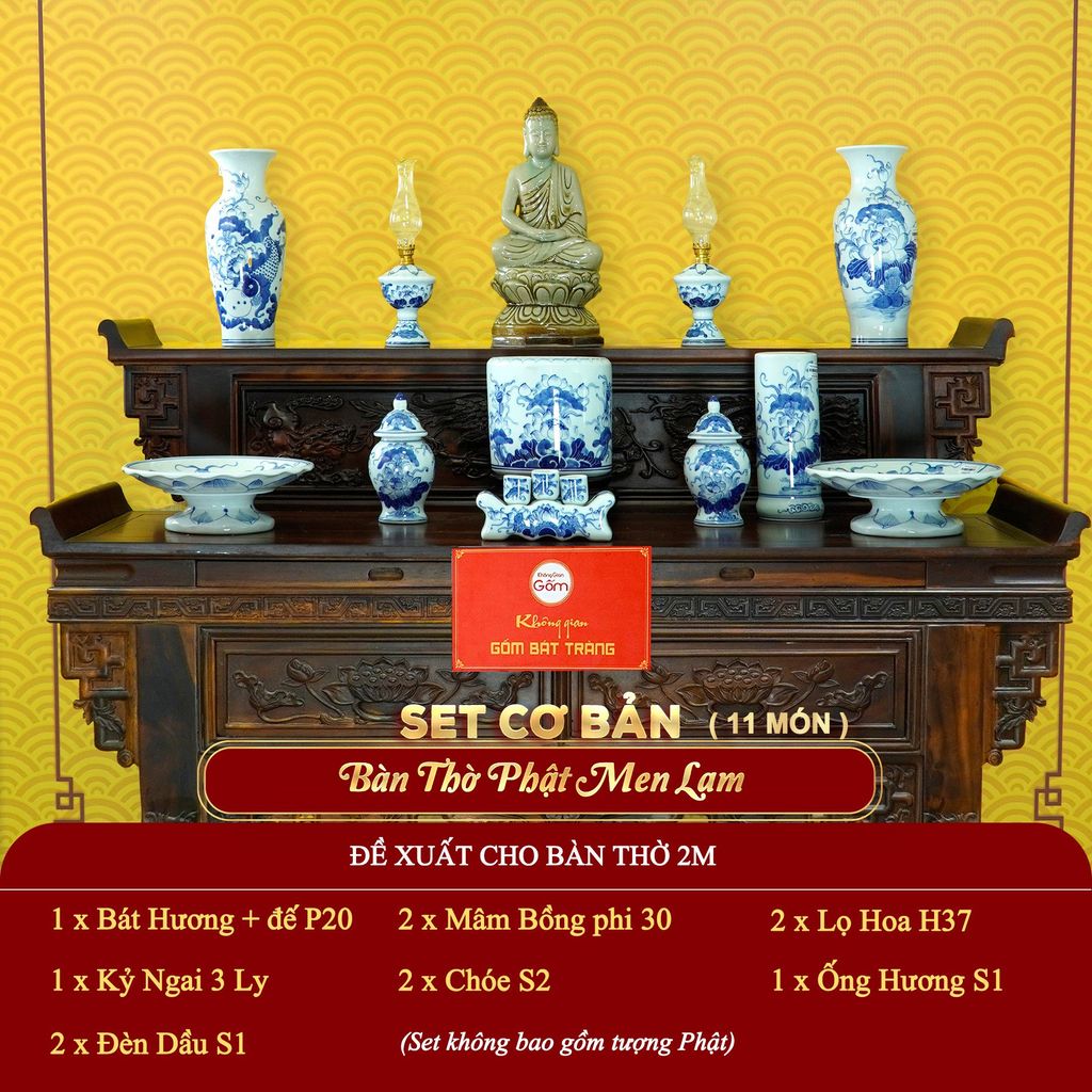 [Set Cơ Bản] Bộ Đồ Thờ Phật Men Lam (11 món)