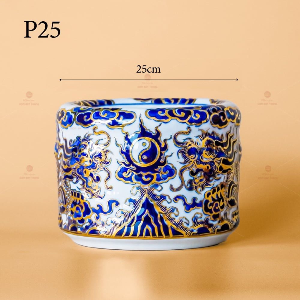 Bát Hương Song Long Chầu Nguyệt Men Lam Nổi Vẽ Vàng Kim