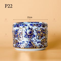 Bát Hương Song Long Chầu Nguyệt Men Lam Nổi Vẽ Vàng Kim