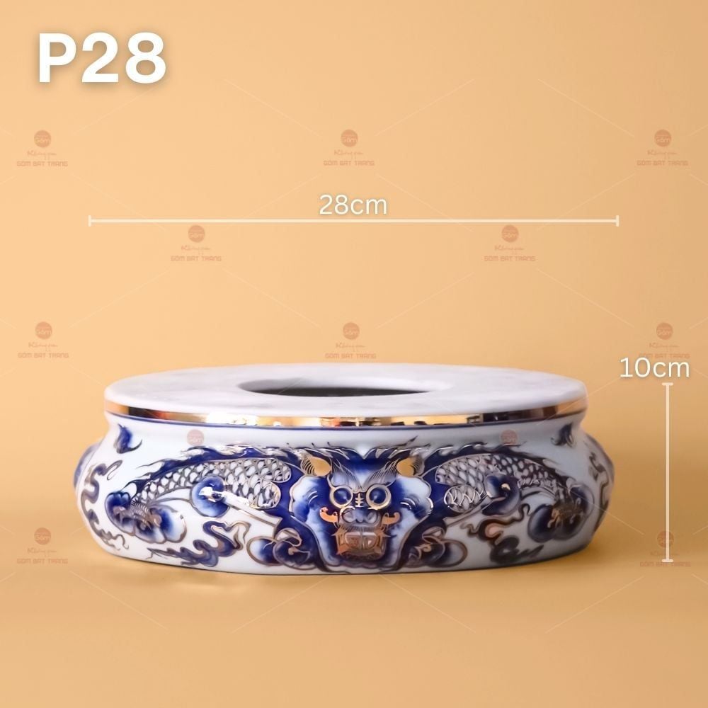 Đế Đỉnh Hương Men Lam Vẽ Vàng Họa Tiết Thanh Long