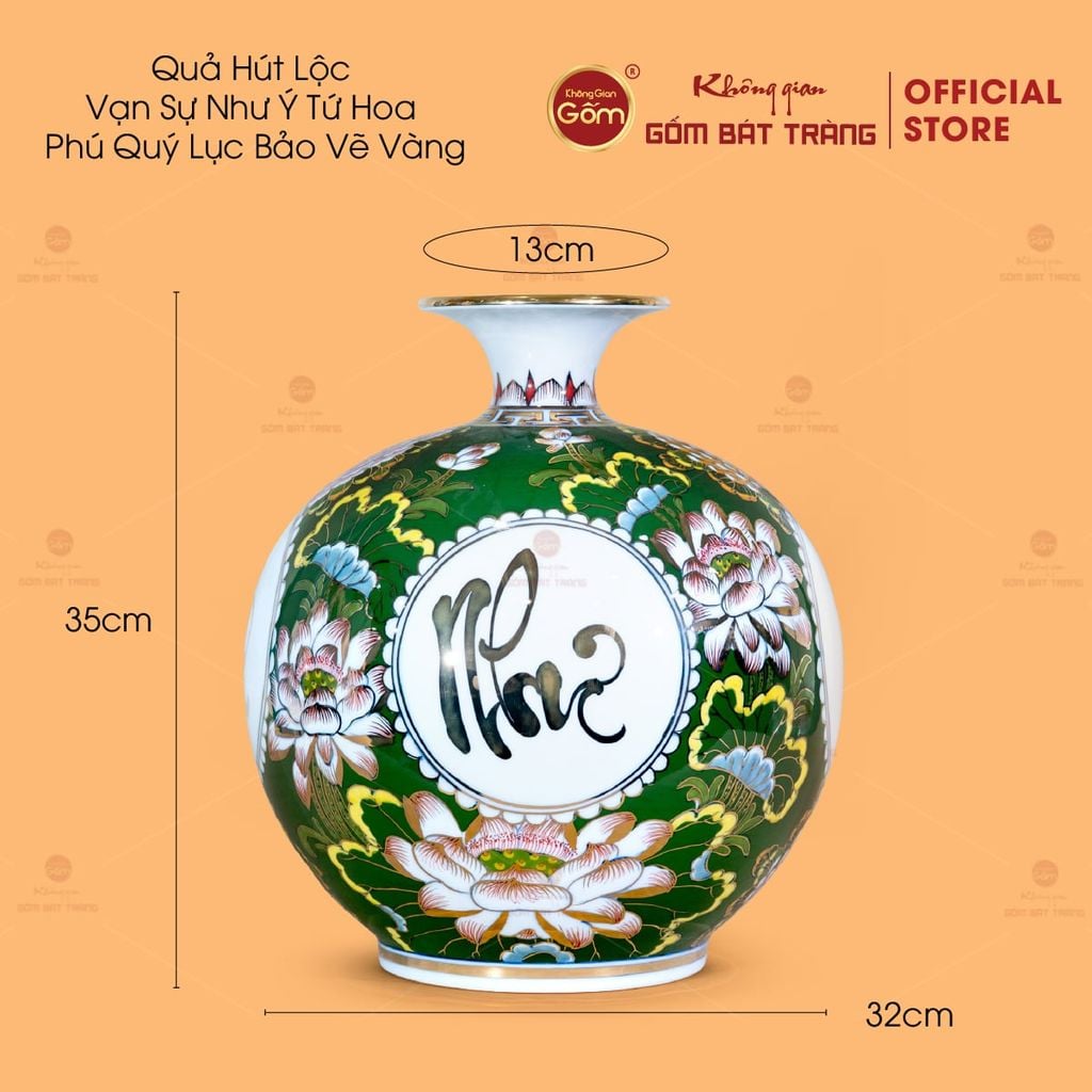 Quả Hút Lộc Vạn Sự Như Ý Tứ Hoa Phú Quý Lục Bảo Vẽ Vàng