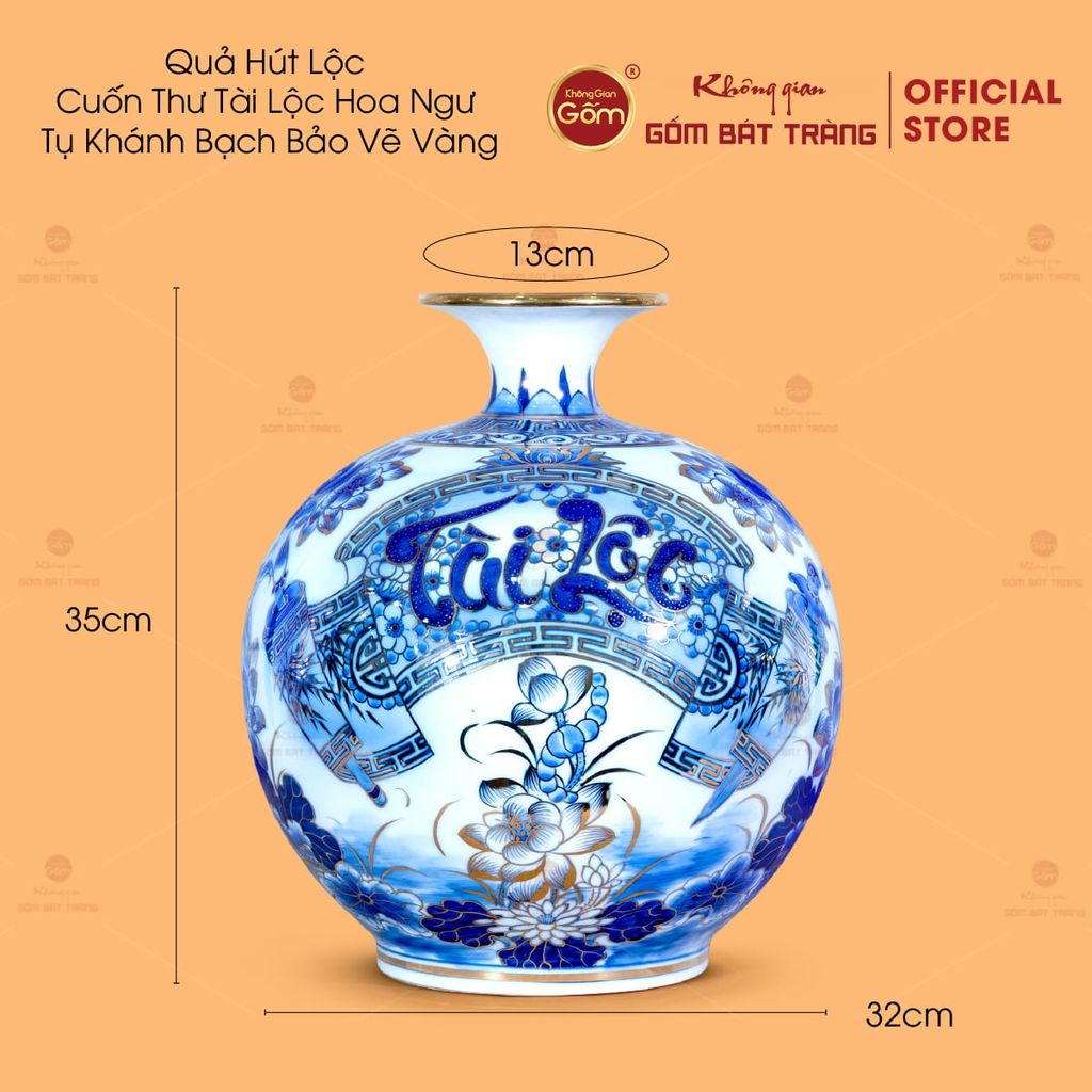 Quả Hút Lộc Cuốn Thư Tài Lộc Hoa Ngư Tụ Khánh Bạch Bảo Vẽ Vàng