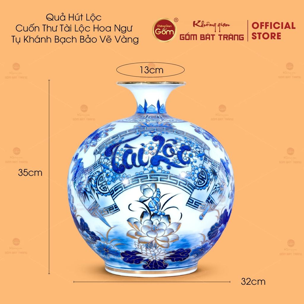 Quả Hút Lộc Cuốn Thư Tài Lộc Hoa Ngư Tụ Khánh Bạch Bảo Vẽ Vàng